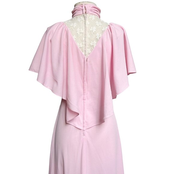 70s vintage victorian maxi dress Cape Sleeve lace cutout cottage high collar. - Picture 3 of 7